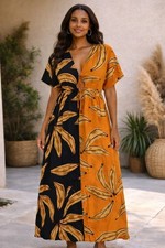 Farm Rio Banana Print Colorblock Maxi Dress Black Orange Tie Front V Neck Sz Med