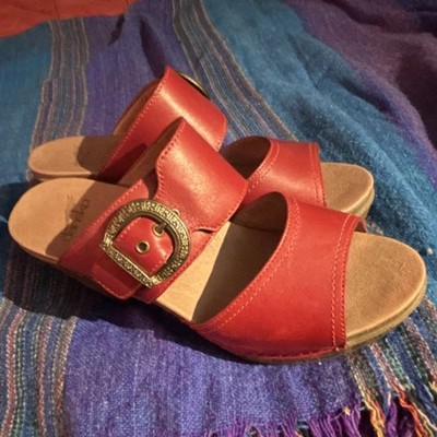 Dansko Red Leather Mule Open Toe Buckle Block Heel Comfort Women's Shoes