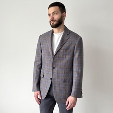 Men's Canali Kei Wool, Silk  Linen Two Button Sport Grey Jacket Blazer Size 52R
