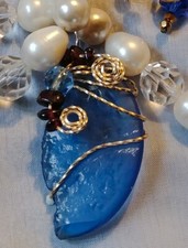 Pearl Necklace Blue Sea Glass Pendant Hand Twisted 14K GF Setting  Bracelet