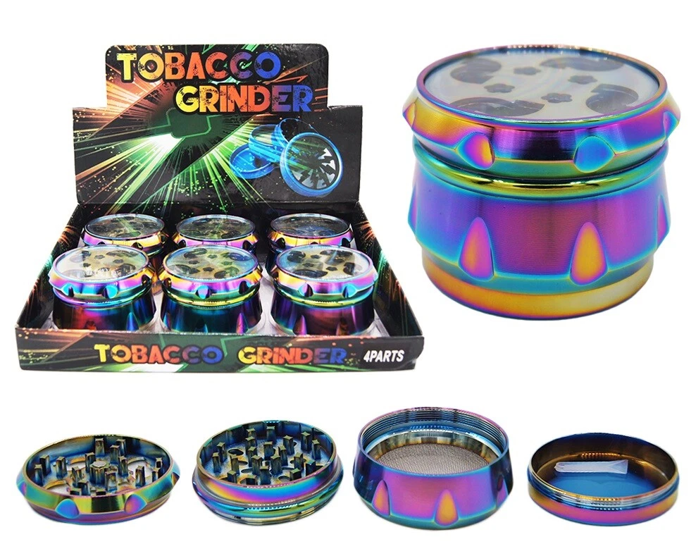6 PACK 2.2" 4 Piece Drum Grinder Tobacco Herb Spice Crusher Rainbow Color