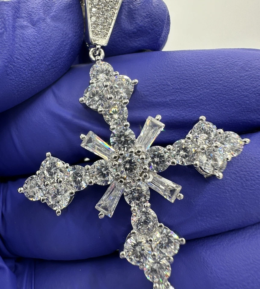 UNIQUE 925 STERLING SILVER BAGUETTE CZ 3D SILVER CROSS PENDANT 2.7” - Image 2 of 4