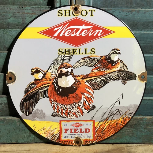 VINTAGE WESTERN FIELD SHOT SHELLS R 10” PORCELAIN SMOKELESS SHOTGUN BIRD SIGN