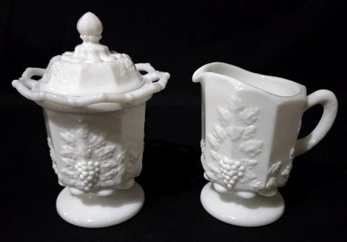 Vintage Westmoreland Milk Glass Paneled Grape Cream and Lace Edge Lidded Sugar