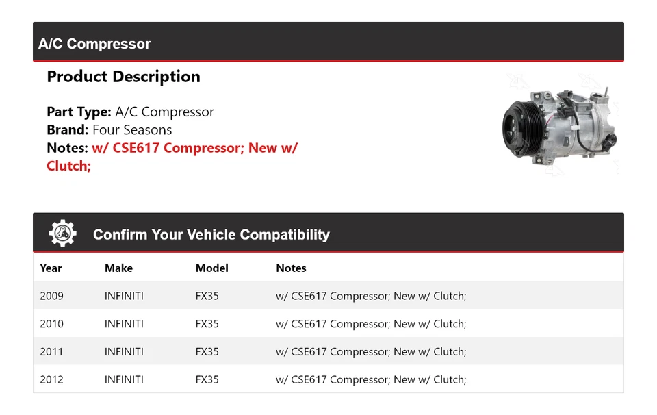 Compresor de aire acondicionado Infiniti FX35 2009-2012 4 estaciones 2010 2011 Foto 2 de 4