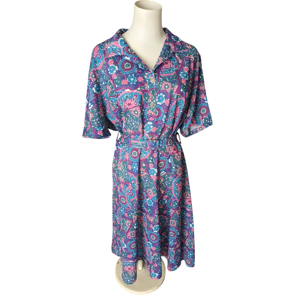Vintage 70s Purple & Pink Geometric Collared Short Sleeve Belt Shirt Dress Sz 18 - image 4 of 4