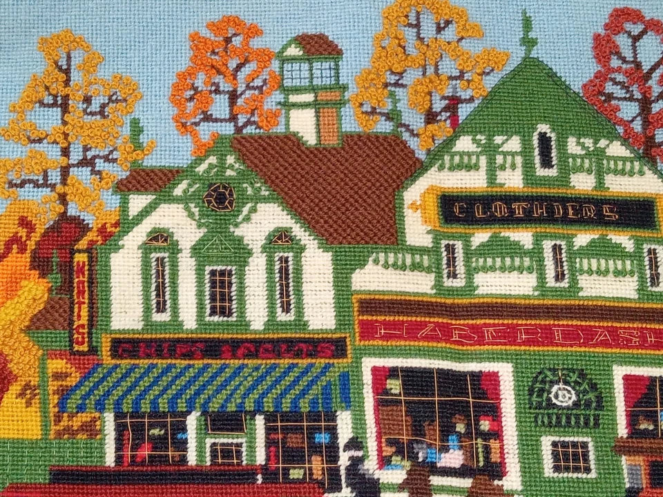 Vtg #2172 Dimensions 1981 Village Shopping Cross Stitch Ready To Frame 18 x 14 - Image 3 of 4