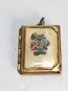 Authentic VTG Gold Plated Book Locket Pendant Mother of Pearl Flower Applique Photo Includ