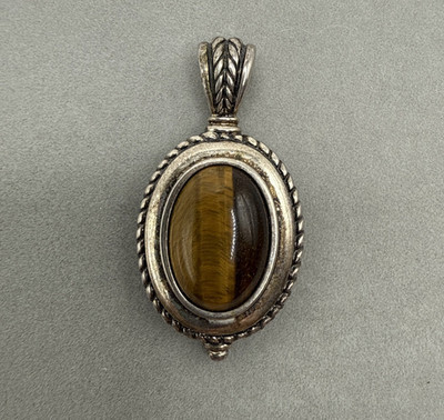 Sterling Silber Cabochon Tigerauge Seil Rand Anhänger 1,75'' 13,3 Gramm