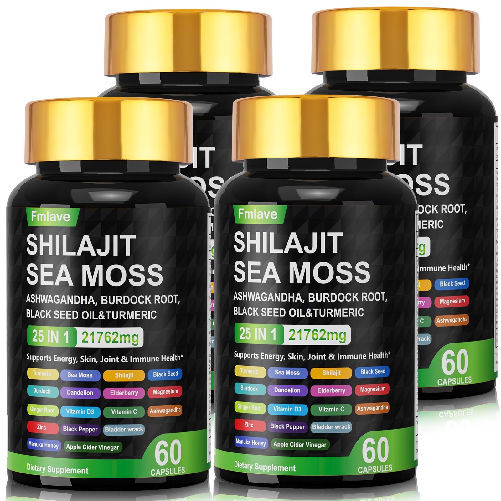 Sea Moss, Black Seed Oil, Ashwagandha, Turmeric Ginger Shilajit Burdock 60 caps