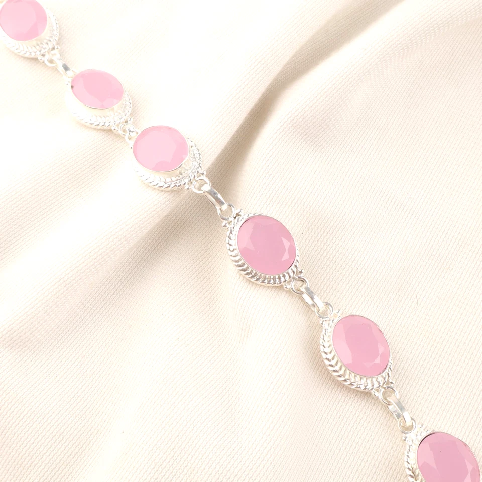 Brazalete Joyería Hecho a Mano Plata de Ley 925 Piedras Preciosas Calcedonia Rosa 8" Foto 2 de 4