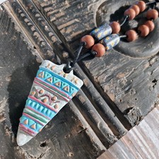 Artisan Tribal Triangle Unglazed Clay Gray Black Multicolor Pendant Necklace