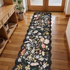 2x8ft Scalloped Hallway Runner Rug: Washable Floral Kitchen Runner Black