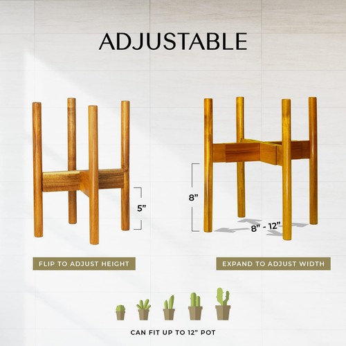 Planter Stand Indoor Outdoor Acacia Hardwood Adjustable Pot Mid Century Modern - Picture 2 of 7