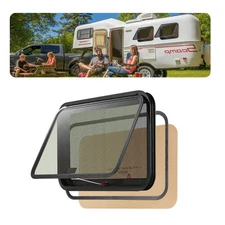 RV Exit Window, 36" W x 22" H Tinted RV Window with Net Screen and Trim Ring, Fi
