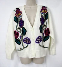 VINTAGE Granny Cottage Core Sweater Medium Women Cardigan Embroidered Floral Y2K