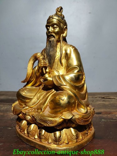 Old Chinese Bronze Gilt Feng Shui Taoism Lord Lao Zi of the Great Monad Statue - Picture 5 of 9
