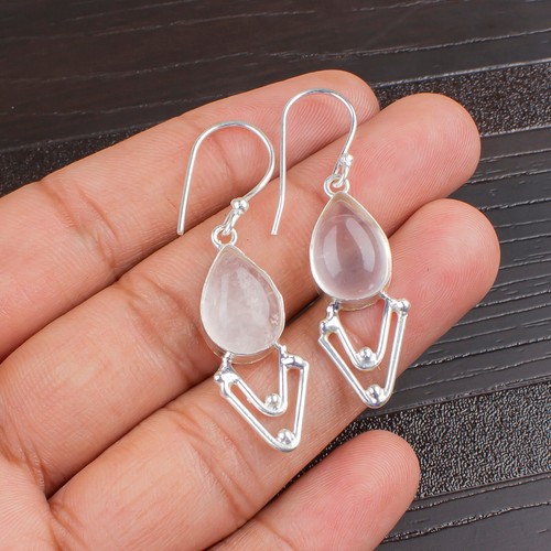 Rose Quartz Gemstone 925 Sterling Silver Jewelry Handmade Women Dangle Earrings - Picture 4 of 5