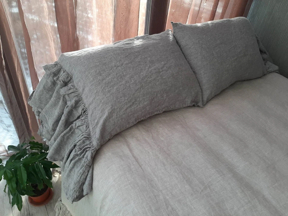 Organic Linen double ruffled Pillowcase linen Pillow Sham slip cover Standard - Imagem 4 de 4