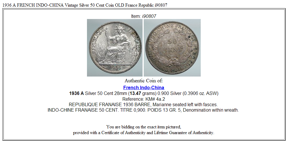 1936 A FRENCH INDO-CHINA Vintage Silver 50 Cent Coin OLD France