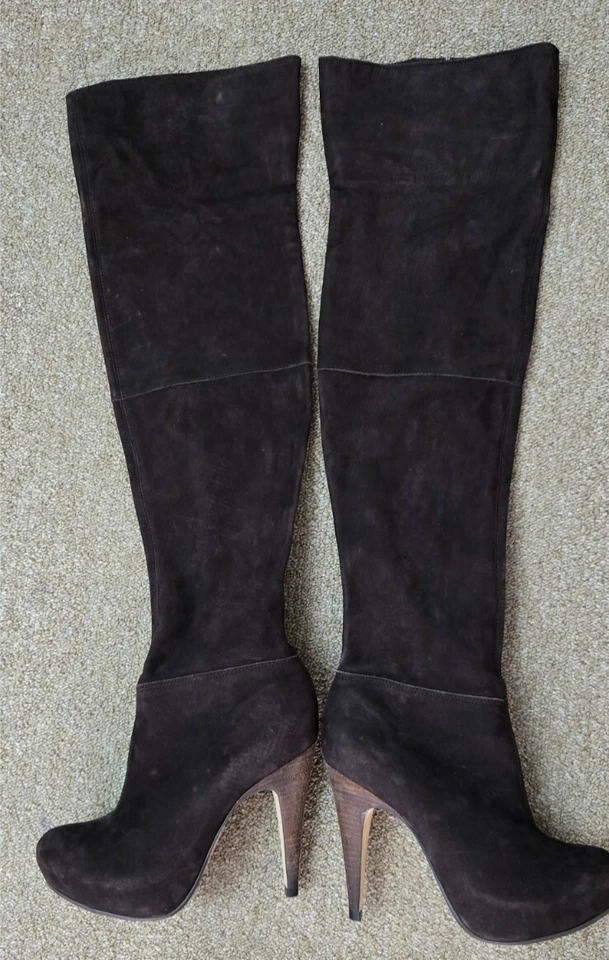 Topshop Mujer US 5.5 Sobre la Rodilla Tacón Alto Botas Marrón Gamuza Cuero EXCELENTE Foto 2 de 4