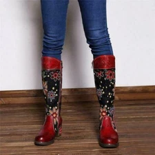 Boho Women Flower Splicing Genuine Leather Knee High Boots Cowboy Zip  Boots sz 