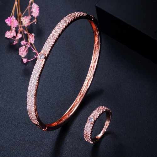 Elegante conjunto de anillos brazalete redondo enchapado en oro rosa circonita cúbica para mujer joyería - Imagen 14 de 14