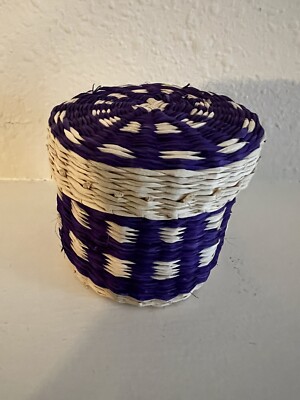 Miniature Basket Round Lidded~ Sweatgrass~ Origin Unknown~ Purple Accents