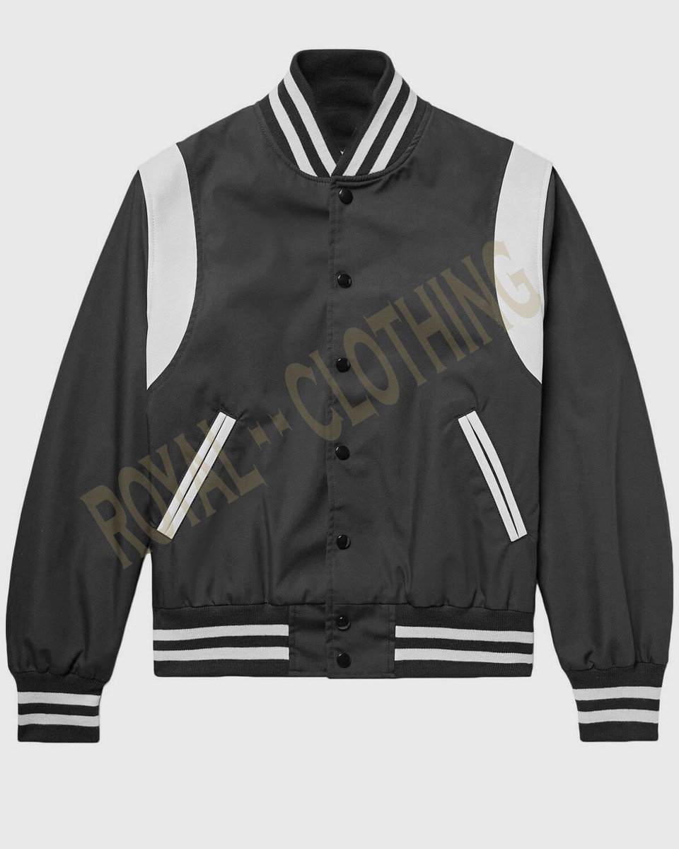 New Men's Varsity Bomber baseball Black White Shoulder Strip All