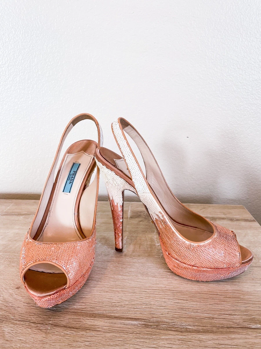 PRADA Pink and Cream Sequin Heels Slingbacks Shoes Size 38
