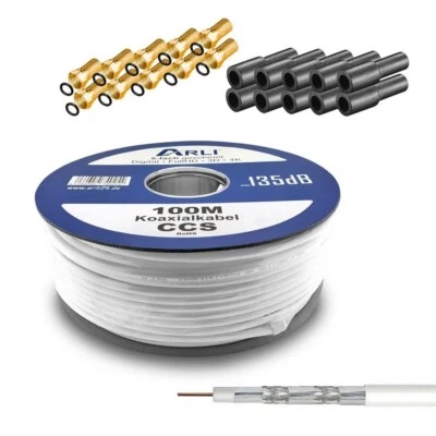 100m Koaxialkabel 135dB HD Sat Kabel 10 x F Stecker vergoldet 10 Gummitülle 4K
