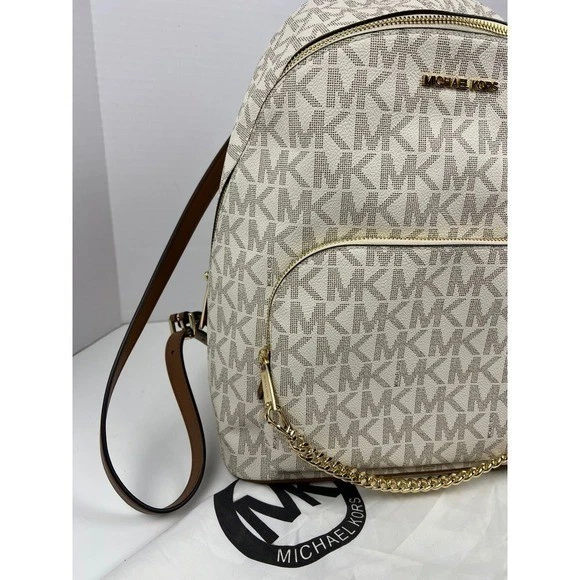 Mochila Michael Kors Logo Signature marrom ouro corrente bolso frontal com jaqueta de poeira - Imagem 3 de 4