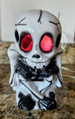 Chalkware Skeleton Halloween Decor Toothy Grin Lighted Chippy Lit Eyes Plaster