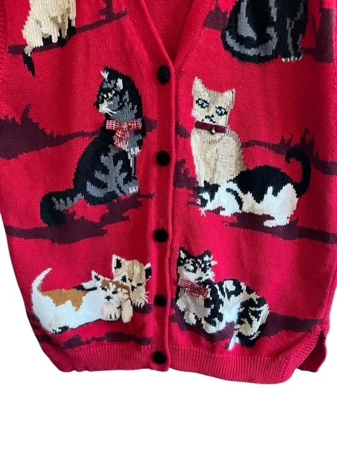 Chaleco Suéter Susan Bristol Talla Grande Rojo Motivo Gato Bordado a Mano Vacaciones De Colección Foto 3 de 4