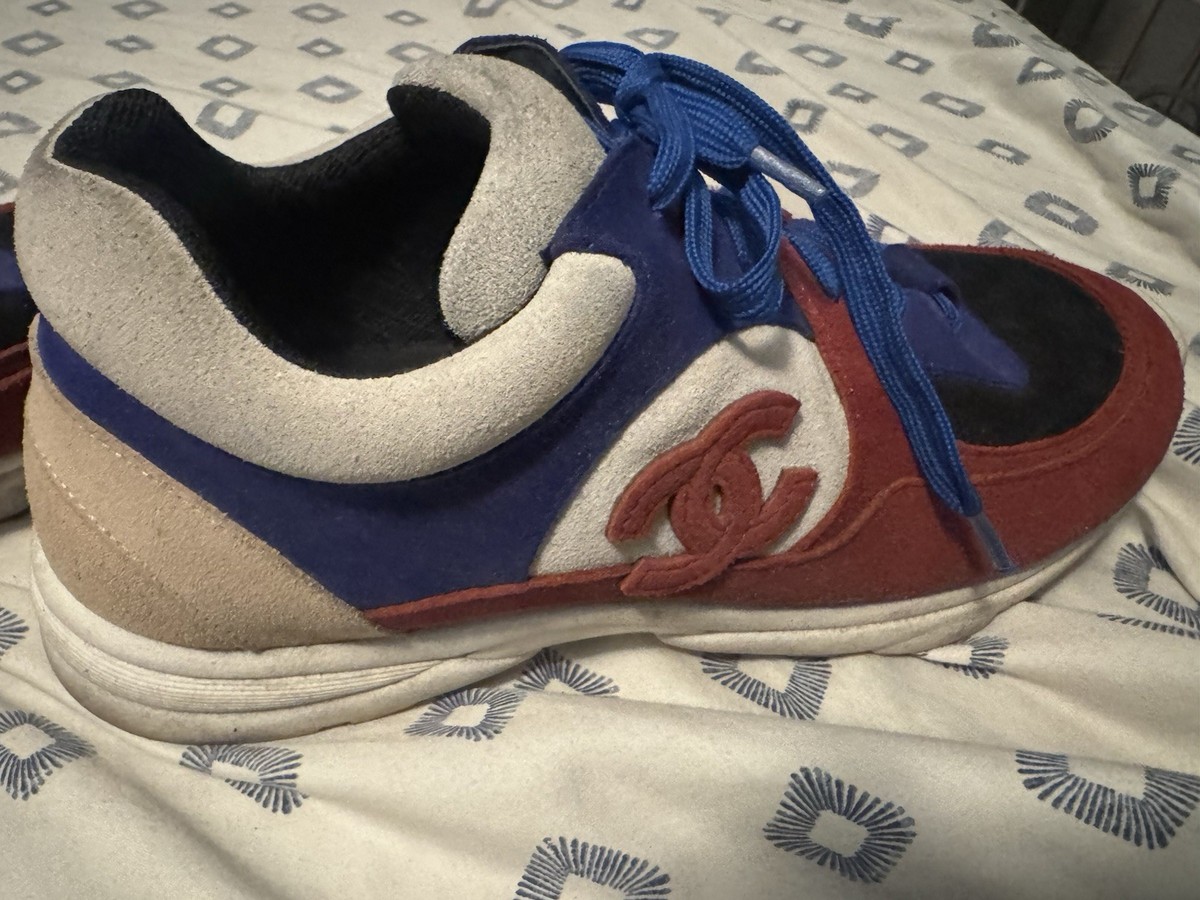 CHANEL Multicolor Lace Up Low Top Logo Sneakers Red Blue Black