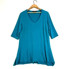 Lundstrom Womens 1X Teal V Neck 3/4 Sleeve Asymmetrical Hem Tunic Top Blouse