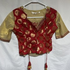 2 Piece Red with Gold Indian Brocade Saree sari Blouse Vest Tassels Size Small