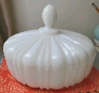 Vintage Milk Glass Lidded Candy Dish Old Cafe Pattern