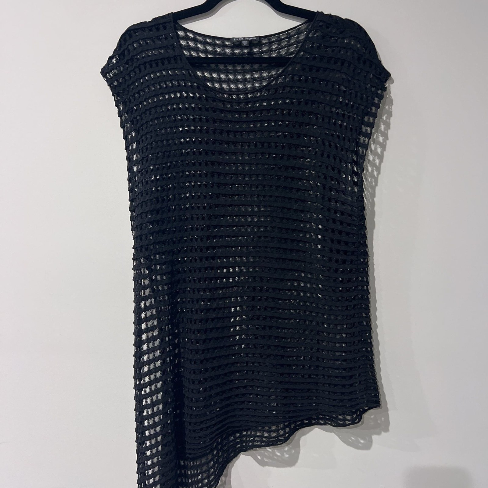 Eileen Fisher Black Open Knit Crochet Sleeveless Asymmetrical Mesh Fishnet Top M