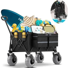 450LBS 190L Beach Wagon With Big Wheels For Sand, Collapsible Folding Beach Cart