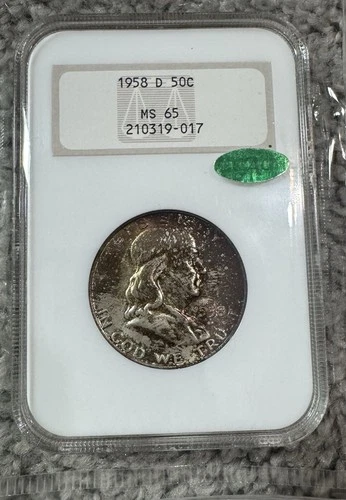 1958-D 50 Cents MS 65 Silver Ben Franklin Half Dollar TONER