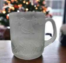 2 Duralex Frosted Christmas Mugs Embossed ornaments / Ribbons