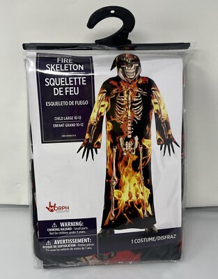 Fire Skeleton Costume 2 Pc Hooded Robe & Mask Halloween Child Kid Large 10-12