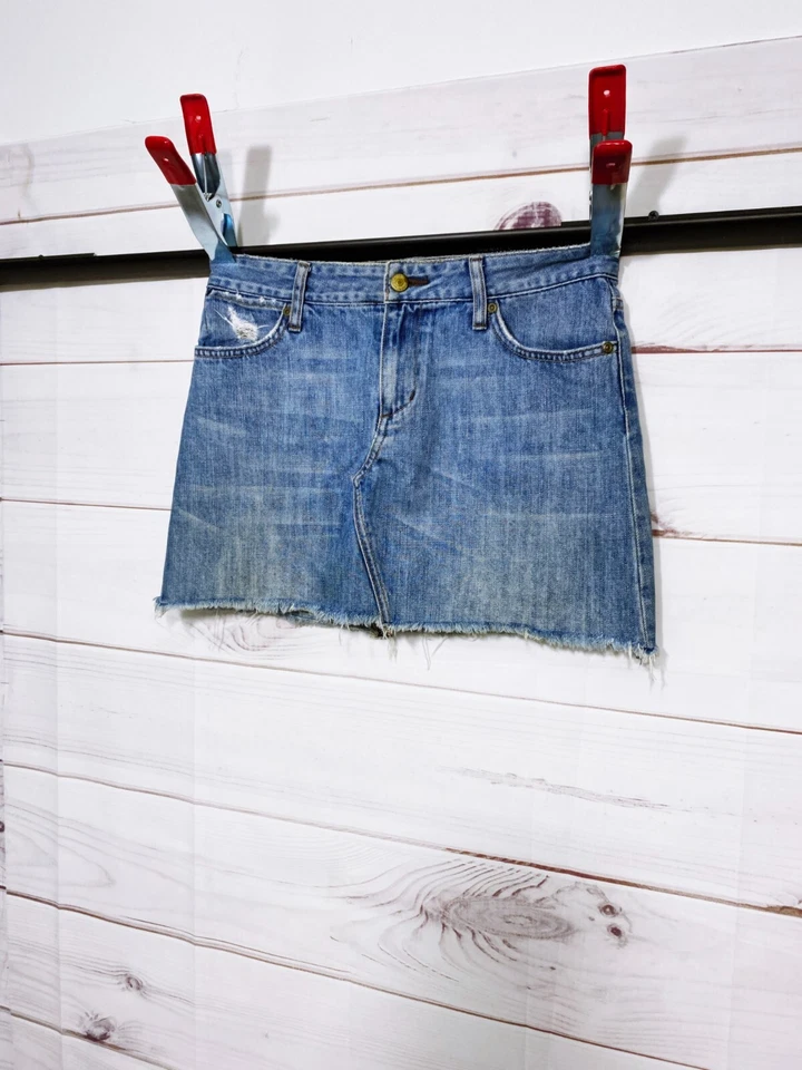 Бумага джинсовой ткани и ткани женская юбка размер S синий карманы искусственно состаренный необработанный кромки - Изображение 3 из 4