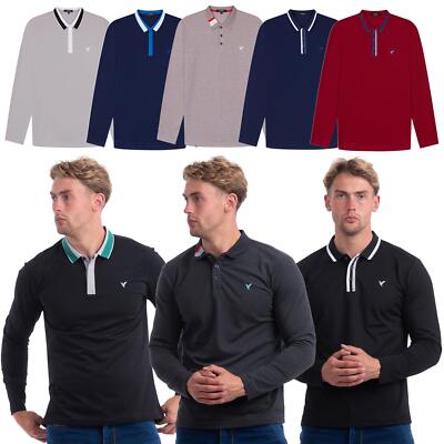 D-Rock Mens Polo Shirt with Dual-Stripe Collar Design Long Sleeve Polo Shirts