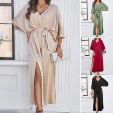 Women V-neck Midi Dress Batwing Sleeve Double Split Slit Tie Waist Summer Beach