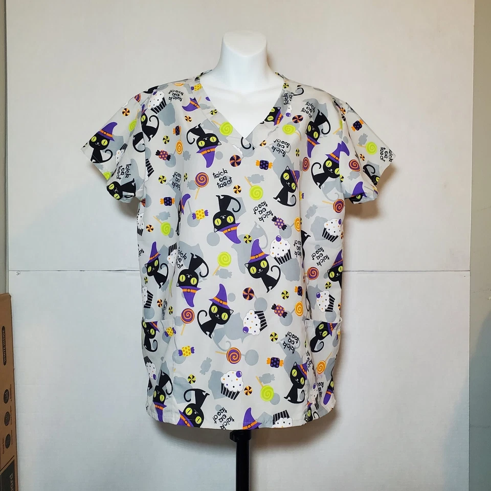 SCRUB TOP SIZE S HALLOWEEN CAT TRICK OR TREAT NURSE VET CNA - Image 3 of 4