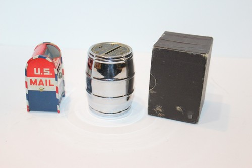 2 VINTAGE COIN BANKS Barrel ALLIANCE OHIO BUILDING & tin litho MAILBOX No Keys - Picture 2 of 9