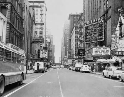 Marquees advertising current attractions cinemas on Randolph S- 1961 Old Photo