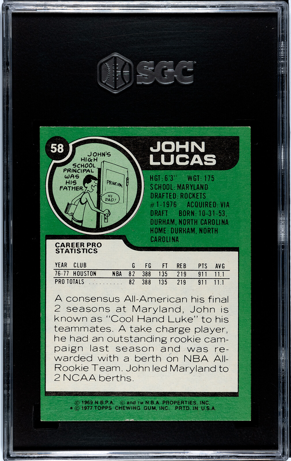 1977 TOPPS #58 JOHN LUCAS SGC PSA 8 HOUSTON ROCKETS  VINTAGE BASKETBALL CARD view 2